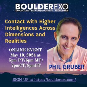 A man with a smile on his face and the text " boulderexpo contact with higher intelligences across dimensions and realities ".