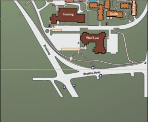 A map of the campus shows buildings, parking lot and traffic.